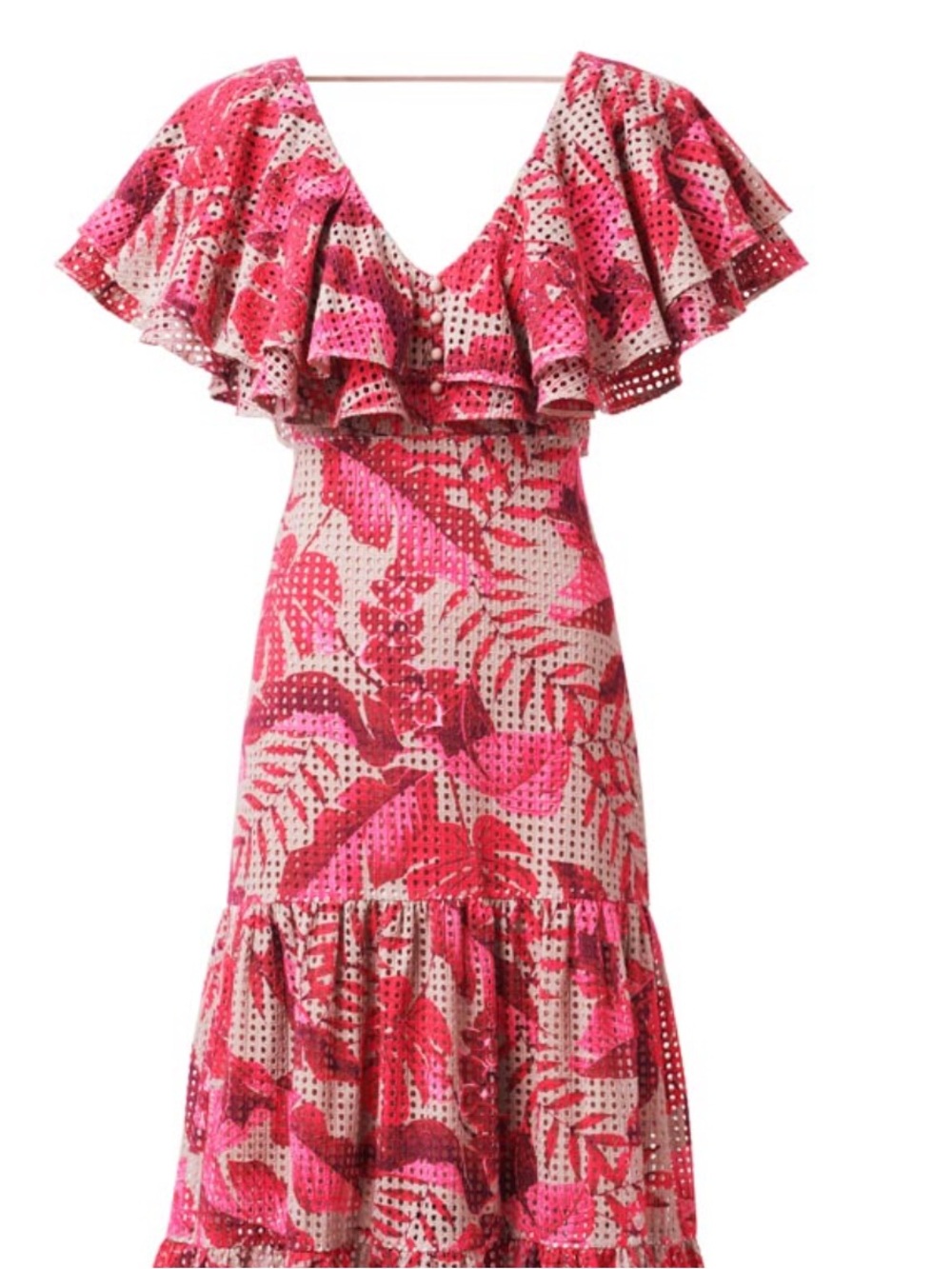 Johanna Ortiz x H& M Pink and Red Floral Ruffled V-Neck Dress